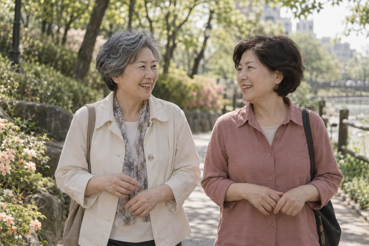 공원에서 이야기를 나누며 산책하는 두 친구